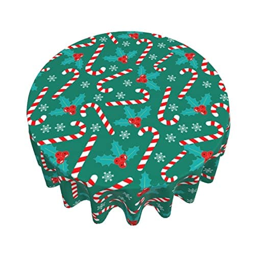 KUOAICY Sweet Candy Canes Berry Round Tablecloth Xmas Table Cover Washable Tablecloths for Kitchen Dining Party Holiday Decor 60 inch