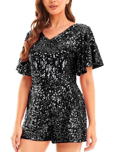 MANER Women’s Sequin Romper Sparkly Short Jumpsuit Party Concert Outfit With Flutter Sleeve (Black, Small)