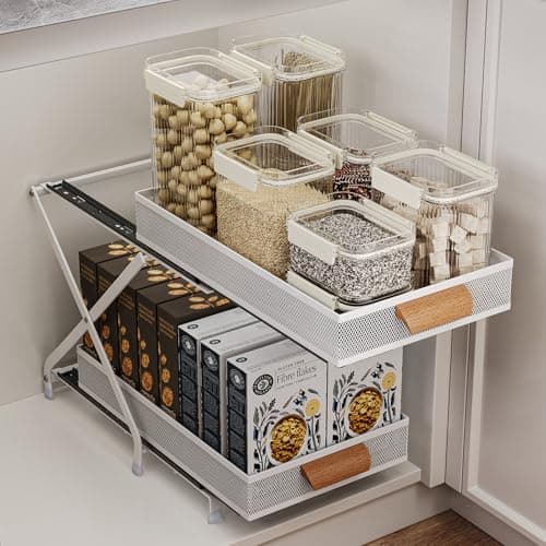 AmzAge Carbon Steel Pull out Cabinet&Drawer Organizer,Adjusted to 3 different heights(12.4“&14.8”&16.4“),2 Tier Sliding Drawers for Kitchen,Bathroom,Office,Makeup Crafts, Condiment Pull-out basket