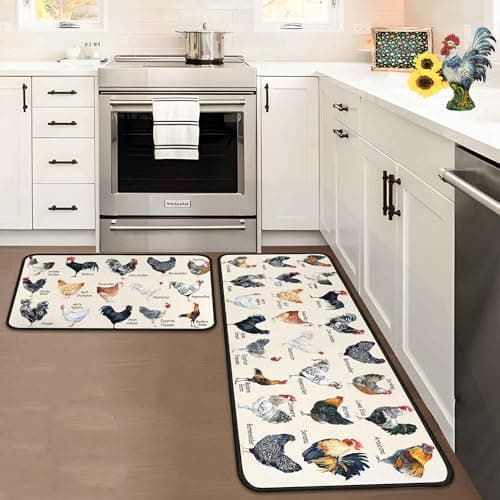 Noulmea Chicken Breeds Kitchen Mat Set of 2, Farmhouse Rooster Print, Non-Slip Absorbent Kitchen Rugs for Floor, Laundry, Hallway & Kitchen Decor 17"x47"+17"x30"