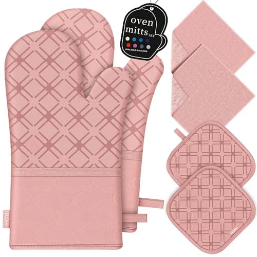 Oven Mitts and Pot Holders Set with Dishcloths, 500 Degree Heat Resistant Oven Gloves and Hot Pads, Premium Soft Cotton Kitchen Mittens and Dish Cloth Sets-Pink