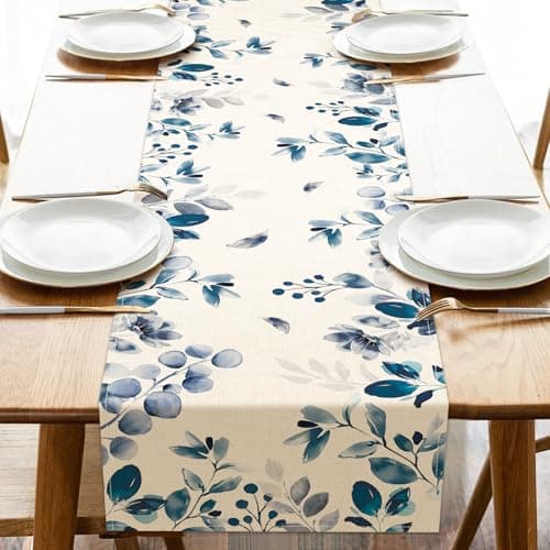 Croar Blue Eucalyptus Leaves Dining Table Runner, Watercolor Botanical Plant Burlap Kitchen Decoration, Spring Summer Indoor Outdoor Home Decor Party Supply 13 x 72 Inches