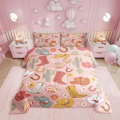 Erosebridal Cowgirl Boots Hats Full Comforter Set,Pink Disco Ball Bedding Sets for Girls Kids Teen,Western Cactus Horseshoe Quilt Bed Set,Rustic Country Bedroom Decor,2 Pillowcases Ultra Soft