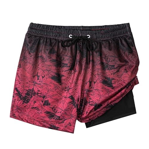 FT FENTENG Boys Swim Trunks with Compression Liner, Boy Bathing Suit Swimming Trunks Gradient Red Leaf Boy's Board Shorts Swimwear, Quick Dry 4 Way Stretch Beach Shorts for Boys
