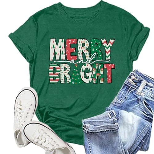 NEWKA Womens Merry and Bright Shirt Merry Christmas Tshirt Christmas Tree Tee Shirts Green