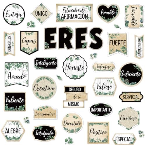 Affirmation Station Spanish Bulletin Board Set Eucalyptus Themed Classroom Decoration Motivational Positive Accents Cutouts Inspirational Words Phrases Posters for Back to School Office Wall Decor