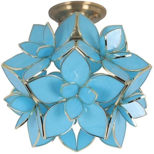Bieye L11028 Flower Petals Tiffany Style Stained Glass Close to Ceiling Light for Home Decor (Sky Blue, 12" Rose Lily)