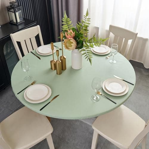 Round Plastic Table Cloth, with Soft Flannel Backing,100% Waterproof Round Vinyl Tablecloth with Elastic, Indoor/Outdoor Picnic Tablecloths. (Light Green, Fits 57" - 65" Round Tables)