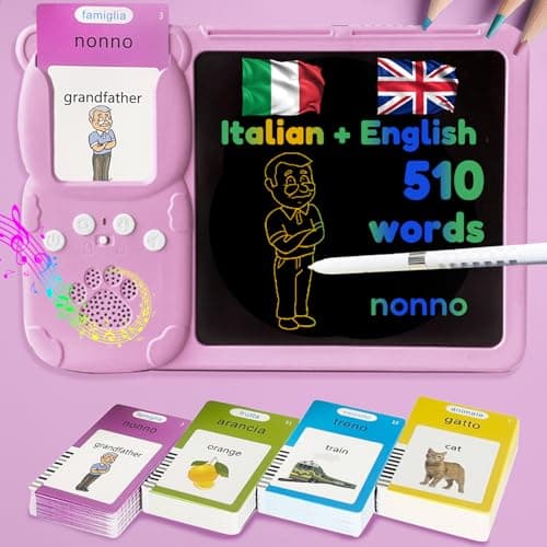 MoLingvora Writing Tablet with Bilingual Flash Cards for Kids, Italian Pink