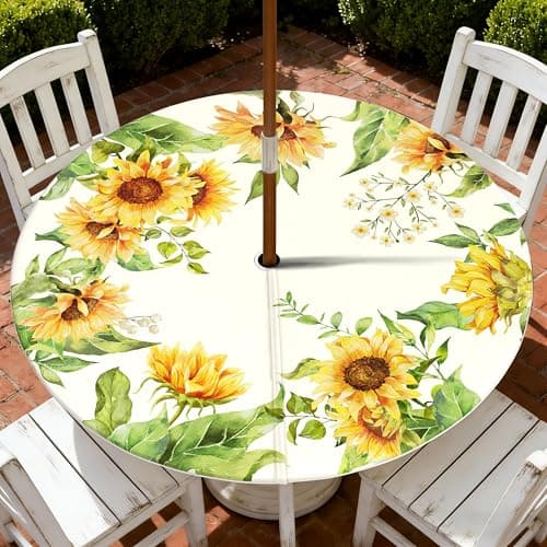 Virtumob Outdoor Tablecloth with Umbrella Hole and Zipper, Round Fitted Patio Table Covers for Spring/Summer, Machine Washable Outdoor Picnic Table Cloth (Sunflower, 36-44" Round)