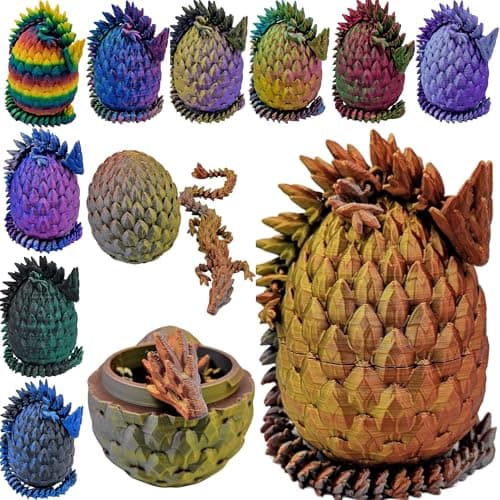 ZZ LIFE 3D Printed Dragon Egg Articulating Gemstone Dragon Fidget Figurine - Vibrant Color Dragons Flexible ADHD, Autism and Anxiety Relief - Articulated Joints (Gold Copper Silver)