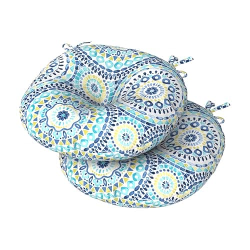 DYTXIII Set of 2 Outdoor Round Chair Cushions 15"x15"x4" with Ties, Water Repellent Tufted Bistro Seat Cushions, Thick Patio Chair Pads for Bar Stool, Garden & Dining Furniture - Blue Lagoon
