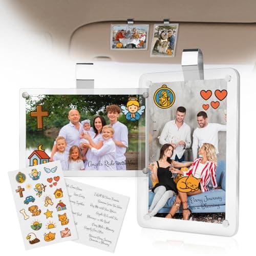 JUYQZ 2Pcs Car Picture Holder for Sun Visor,Clear Acrylic & Strong Magnetic Car Visor Photo Clip with Safe Driving &Guardian Icons Stickers, Cute Car Accessories,Gift for Family & Friends (2.8x4.7)