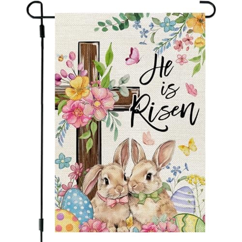 CROWNED BEAUTY Easter Garden Flag He is Risen Cross Bunnies 12x18 Inch Double Sided Floral Holiday Decoration for Outdoor Lawn Yard