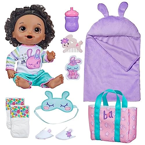 Baby Alive Bunny Sleepover Baby Doll, Bedtime-Themed 12-Inch Dolls, Sleeping Bag & Bunny-Themed Doll Accessories, Toys for 3 Year Old Girls and Boys and Up, Black Hair (Amazon Exclusive)