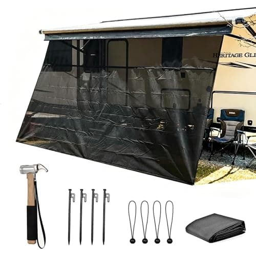 RV Awning Sun Shade Screen with Zipper, 9'x10'3" Black Mesh Camper Awning Screen, UV Protection Privacy Sun Blocker, Universal for Trailer Motorhome RV, Includes Ground Stake & Hammer Installation Kit