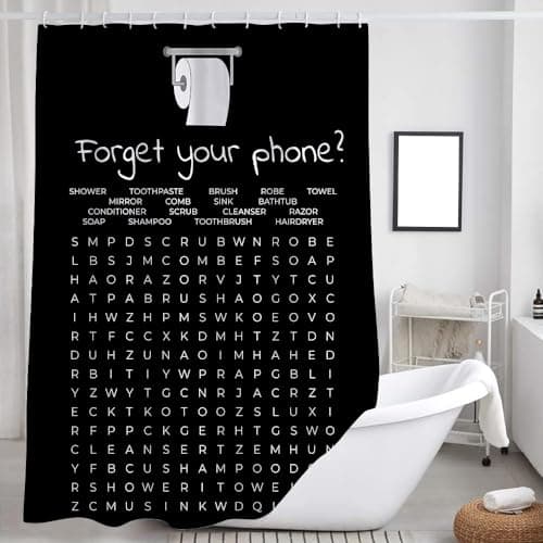 VeiVian Funny Bathroom Decor Shower Curtain Balck and White Bath Curtain, Fun Bathroom Word Search Forget Your Phone Bathroom Humor Shower Curtain Fabric Bathroom Accessories with Hooks 60X70IN