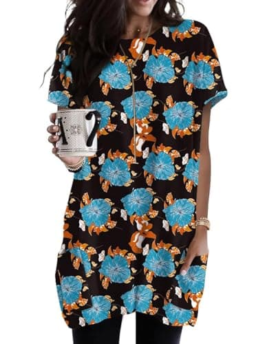Poetsky Womens Boho Tops Sexy Short Sleeve Floral Print Work Shirts Business Tunic Dress Blouses with Pockets Basics Clothing to Wear with Leggings Black S