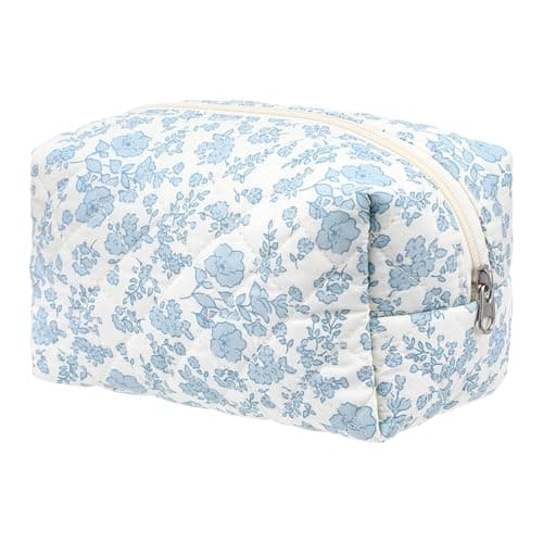 XLIUAX Floral Makeup Bag, Cute Aesthetic Cosmetic Bag, Portable Travel Flowers Toiletry Organizer Make up Bags, Cotton Quilted Cosmetic Bags with Zipper for Women Travel Accessory (Blue Floral)