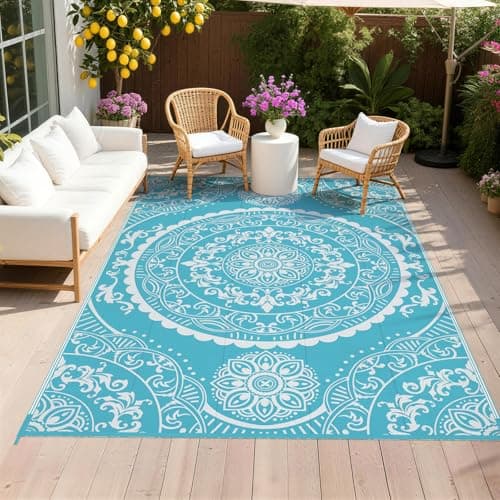 Pauwer Waterproof Outdoor Rug 6x9, Plastic Straw Patio Mat, Paisley Teal