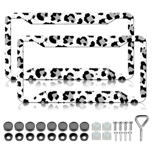 Leopard Print License Plate Frame - 2PCS Black Gray Leopard Print Stainless Steel Metal License Plate Holder, Rust-Proof Waterproof Car Decorative Tag Frames