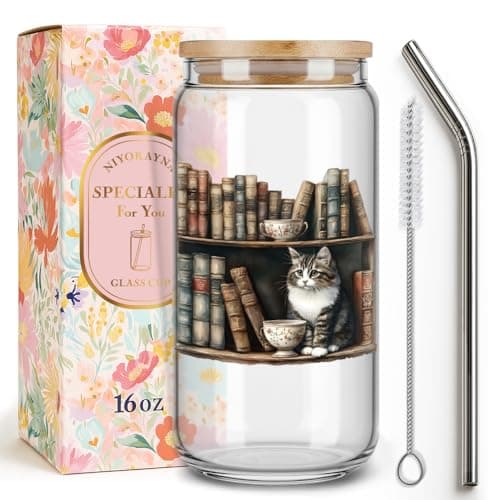 Niyorayna Cute Bookish Gifts for Women,Friend,Sister,Reader,Librarian, Book Club GIfts,Best Cat Lover Gift for Cat Lady Mom, Coffee Tumbler Book Mug Gift for Birthday,Christmas,Thanksgiving-127