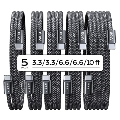 LISEN USB C to USB C Cable, 5-Pack [3.3/3.3/6.6/6.6/10FT] for iPhone 17 Charger Cord, 60W C to C Cable Fast Charging for iPad, iPhone 16 15 Pro Max, Galaxy S25/S24 USBC to USBC Cable Gifts for Men