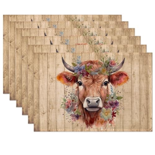 Highland Cow Flower Placemats Set of 6, 12x18 Inch Waterproof Stain Resistant Linen Table Placemats Summer Seasonal Farmhouse Kitchen Party Decor Home Decor
