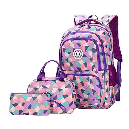 JiaYou Girl Geometric Printed Primary Junior High University School Bag Bookbag 3pcs Backpack Sets(2# Purple-3pcs,19 L)
