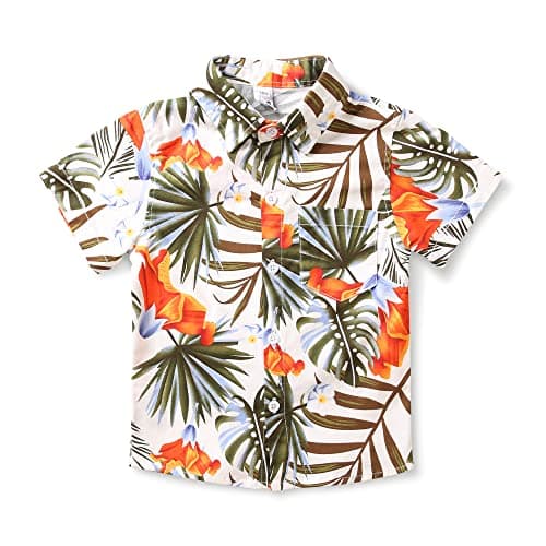 OCHENTA Boy's Monstera Print Hawaiian Shirt Button Down Casual Beach Aloha Party Tops 2 White 170CM - 12-13 Years