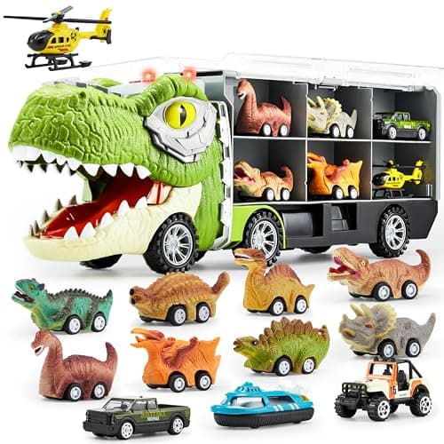 JOYIN 13 in 1 Dinosaur Toys for Kids 3-5, Transport Dinosaur Carrier Truck with 12 Pull Back Cars, Kids Toys 3-4， Birthday Gifts for 3 4 5+ Year Old Boys