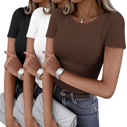 Ekouaer Women Short Sleeve Shirts Lightweight Basic Tops Ribbed Knit Outfit Tees Crew Neck T-Shirts Work Out Blouse Black + Brown+ White S