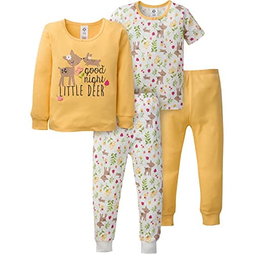 Gerber Baby Girls Toddler Snug Fit 4-piece Pajama Set, Yellow Deer, 12 Months US