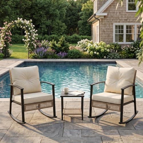 TARKARI 3-Piece Patio Rocking Chairs Set of 2, Rocking Chair Bistro Set [Upgraded 2.0] & 2-Tier Coffee Table, Wicker Rocking Chair Outdoor Patio Furniture Set for Backyard, Porch, Balcony (Beige)