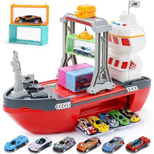 CUTE STONE Cargo Ship Toy with Gantry Crane, Lights & Sounds, Toy Boat Playset with 6 Containers, 12 Die-Cast Metal Race Cars, Kids Pretend Play Ship for Boys & Girls