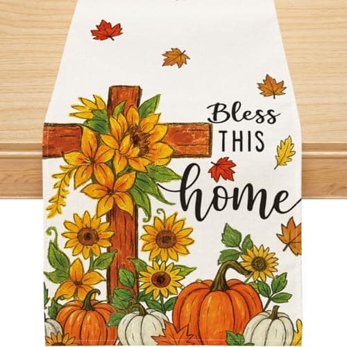 Fall Table Runner, Cross Pumpkins Runner for Table Bless This Home Seasonal Autumn Indoor Outdoot Party Decorations 13x48 Inch