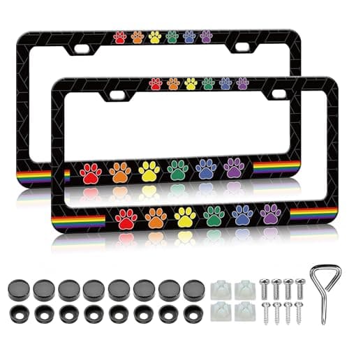 Dog Paw License Plate Frame - 2PCS Colorful GOG Paw Print Aluminium Metal License Plate Holder, Rust-Proof Waterproof Car Decorative Tag Frames