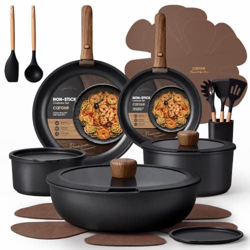 CAROTE 21pcs Pots and Pans Set Non Stick, Detachable Handle Cookware, Black