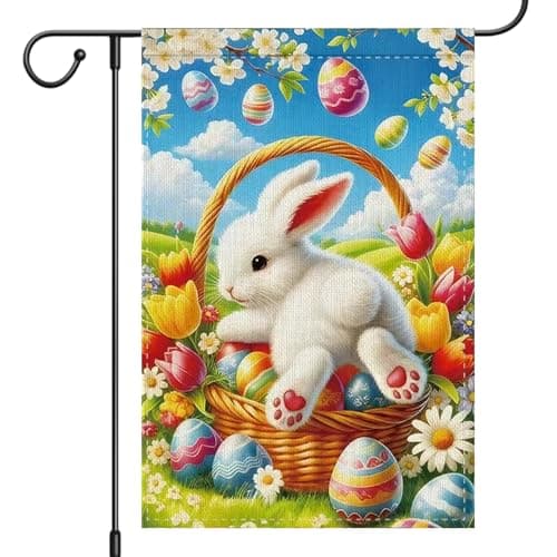 Easter Happy Welcome Garden Flag Colorful Egg Bunny Floral Flower Design 12x18 Double Sided Yard Outdoor Flag Seasonal Decors for Spring Farmhouse Holiday Outside Outside Decorative Banner