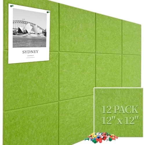 Large Cork Board Felt Wall Tiles, 47"x35" 12 Pack Felt Bulletin Board Pin Board with 48 Safe Removable Adhesive Tabs, 60 Push Pins, Alternative Cork Board for Walls Home Office, Meadow