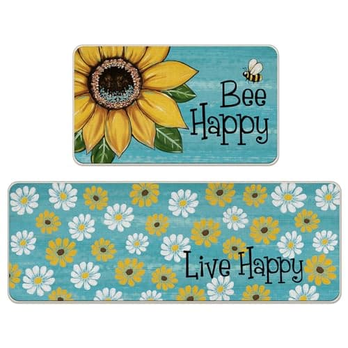 Tailus Spring Summer Flower Bee Happy Kitchen Rugs Set of 2