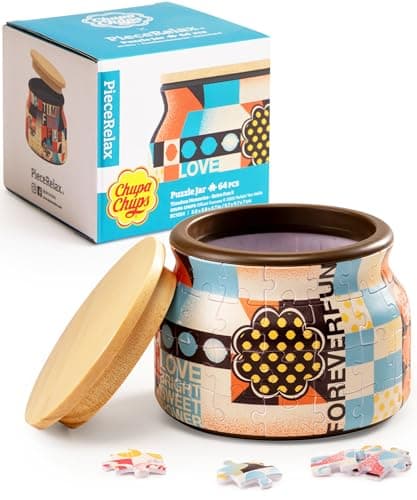 Chupa Chups X PieceRelax 3D Puzzle Jar 64 Plastic Pieces for Adults - Timeless Memories - Retro Fun S Wooden Lid Container for Kitchen Dining Study Living Room No Glue Requied Small [BC1024]