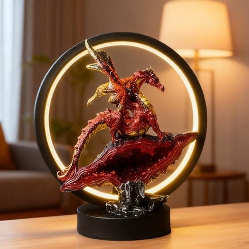 Hmusnwol Dragon Table Lamp USB Charging Ports Dungeons and Dragons Gifts - LED Circle Decorative Lamp for Bookshelf/Desk/Bedside/Nightstand,Great for Collectors and Dragon Fans Alike(Red)