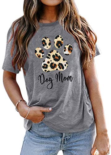 Dog Mom Women's Funny Leopard Print Dog Mama Graphic Tee - Cute Short Sleeve Tops