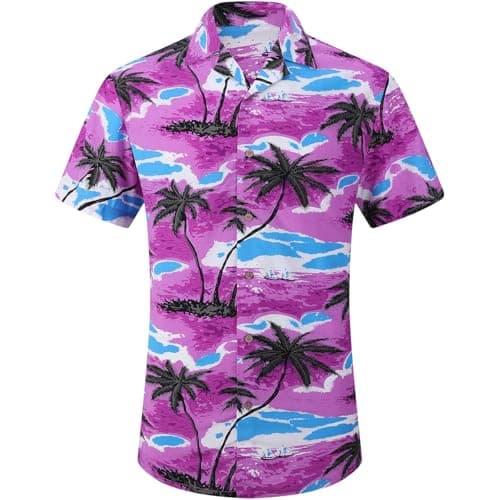 DOKKIA Men's Casual Tropical Floral Short Sleeve Luau Beach Aloha Hawaiian Shirt Purple Coconut Tree Island Medium
