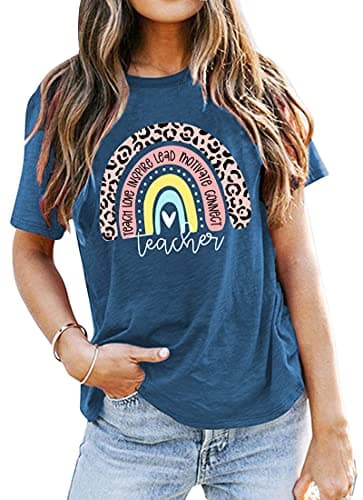 Teacher Shirt for Women Teach Rainbow Leopard Graphic Tee Tops Teachers Gift Teach Inspire T Shirt
