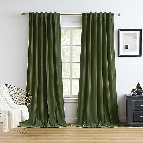 MUMFAS Olive Green Velvet Curtains 90 Inches Long 2 Panels, Light Blocking Boho Boy Room Darkening Curtains/Drapes for Bedroom Living Room Back Tab Rod Pocket W52 x L90