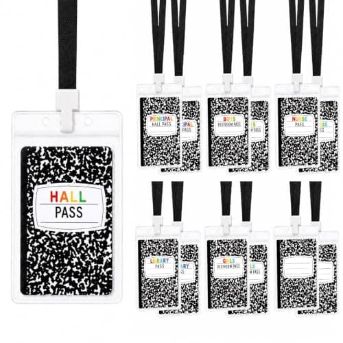 14 Sets Composition Notebook Hall Passes for Classroom with Waterproof PVC Holders and Lanyards School Hall Passes 4 Customizable Cards for Elementary Teacher Students Bathroom Nurse Office Supplies