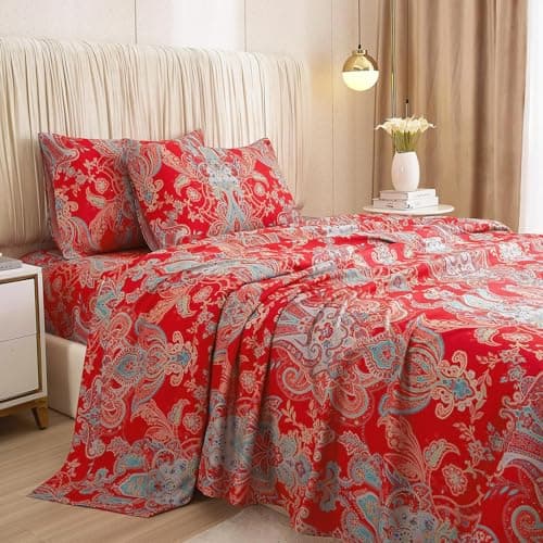 LifeTB Boho Floral California King Sheets Set Chic Vintage Red Floral Bedding Sheets 16” Deep Pocket Cooling Sheets for California King Bed Luxury Soft Microfiber Aesthetic Bohemian Flower Sheets Set