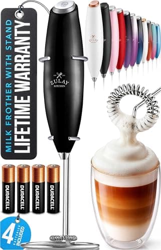 Zulay Kitchen Powerful Milk Frother Wand With Duracell Batteries - Ultra Fast Handheld Drink Mixer - Electric Whisk Foam Maker for Coffee, Lattes, Cappuccino & Matcha - Z1 Motor - Metallic Black